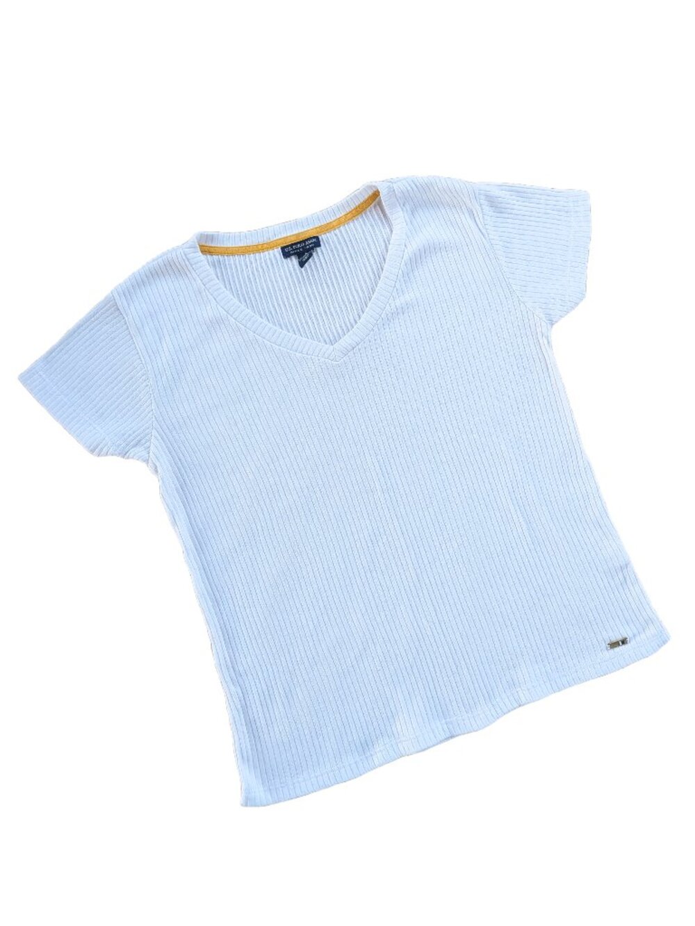 US Polo Assn. women's white v-neck t-shirt ribbed knit size small VGUC